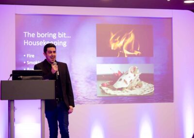Safety features at a conference with the fire and food information