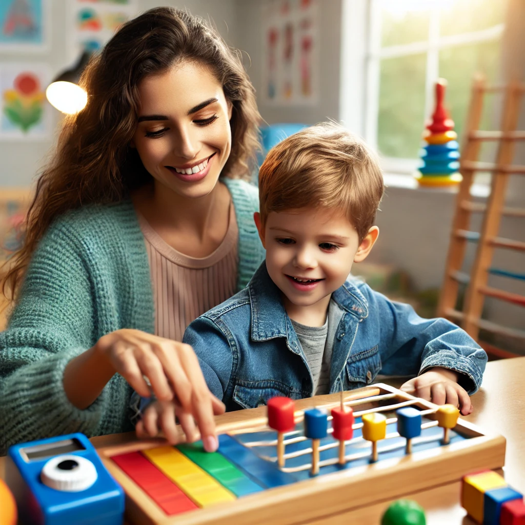 A classroom setting with a teacher working closely with a child who has additional learning needs (ALN). The teacher is using hands-on, multisensory