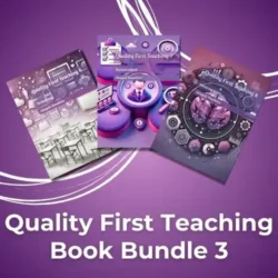 "A promotional image for 'Quality First Teaching Book Bundle 3,' featuring three book covers with a purple-themed design. Each book cover has unique illustrations related to education and assessment, with the author's name, Abigail Hawkins, displayed. The background is a deep purple with white curved lines, complementing the book covers' aesthetic. The title 'Quality First Teaching Book Bundle 3' is prominently displayed in bold white text at the bottom.