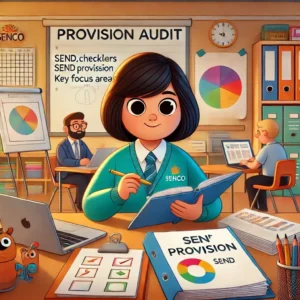 A SENCO conducting a provision audit in a school setting, reviewing assessment data, reports, and checklists. Teachers are discussing strategies in the background near a whiteboard outlining key focus areas for improving inclusive education.