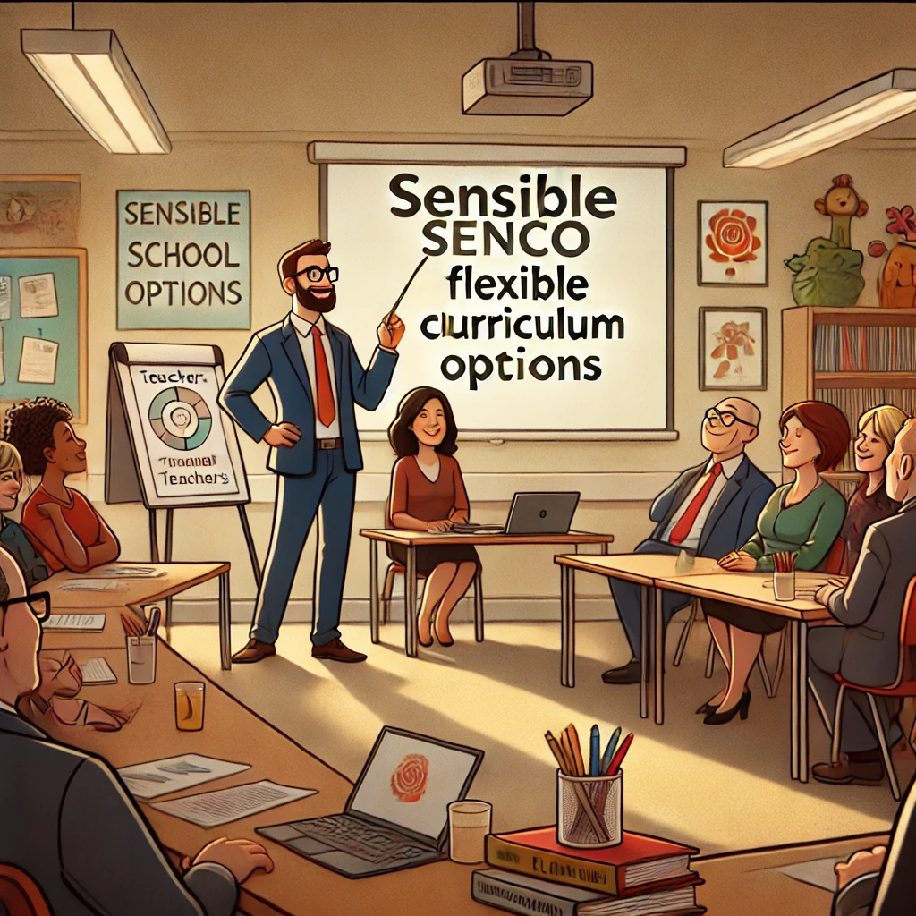 A SENCO confidently presenting to school leaders, including a headteacher and teachers, advocating for flexible curriculum options. The SENCO is using a flip chart with visual diagrams in a professional yet welcoming staff room. Documents and laptops are open for discussion, emphasising teamwork and inclusivity in education reform.