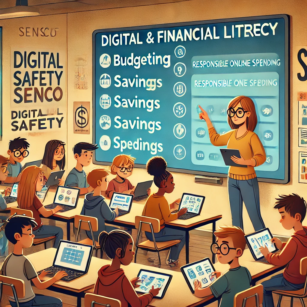 A teacher leading an interactive lesson on digital and financial literacy in a modern classroom. Students of diverse abilities, including those with SEND, use tablets and laptops to engage with financial concepts such as budgeting, savings, and responsible online spending. The classroom features a large digital screen displaying financial education content, with educational posters on digital safety and financial management.