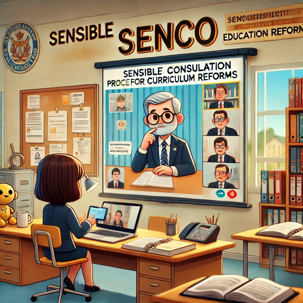 A SENCO participating in an online consultation for curriculum reforms, sitting at a desk in a school office. The laptop screen shows a video call with government officials and education representatives discussing policy changes. Official documents and notes are spread out on the table, while a bulletin board in the background highlights key points on education reform. The setting is professional and welcoming, reflecting SENsible SENCO branding.