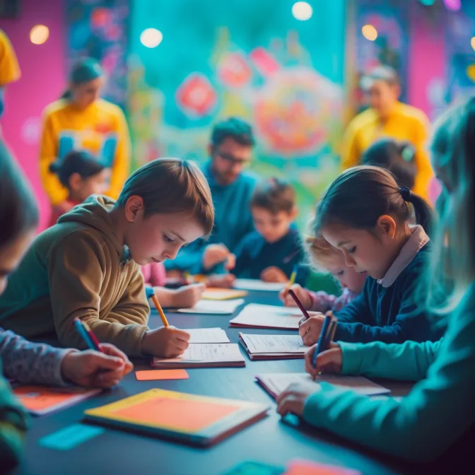 A group of students in a home environment working together on their writing skills, supported by the parents in the background.