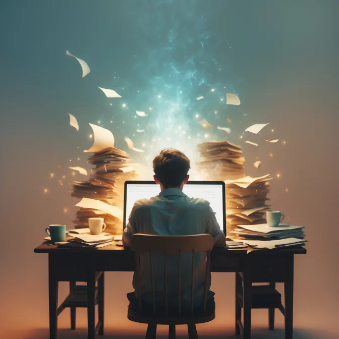 A child sitting in front of a computer, the computer is covered with stacks of paper, this represents the writing process challenges that can occur with dysgraphia