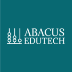 Abacus Edutech logo featuring a stylised abacus design with four vertical rods and bead icons, alongside the company name in white serif text on a dark teal background.