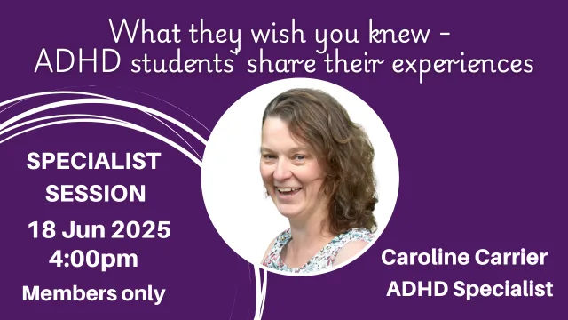 Caroline Carrier hosting a webinar sharing real experiences from students with ADHD