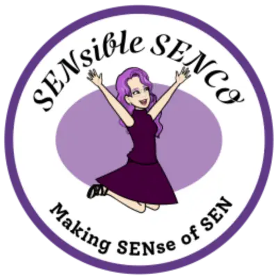 SENsible SENCO registered logo, making sense of SEN is the strap line underneath the image of Violet ( A SENCO that represents all SENCO) on a purple background, within a purple circle with the SENSible SENCO writing above Violets head.